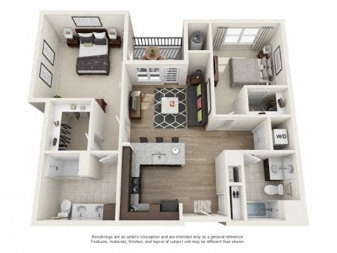Floor plan for 2 beds, 2 baths, 1051 sqft